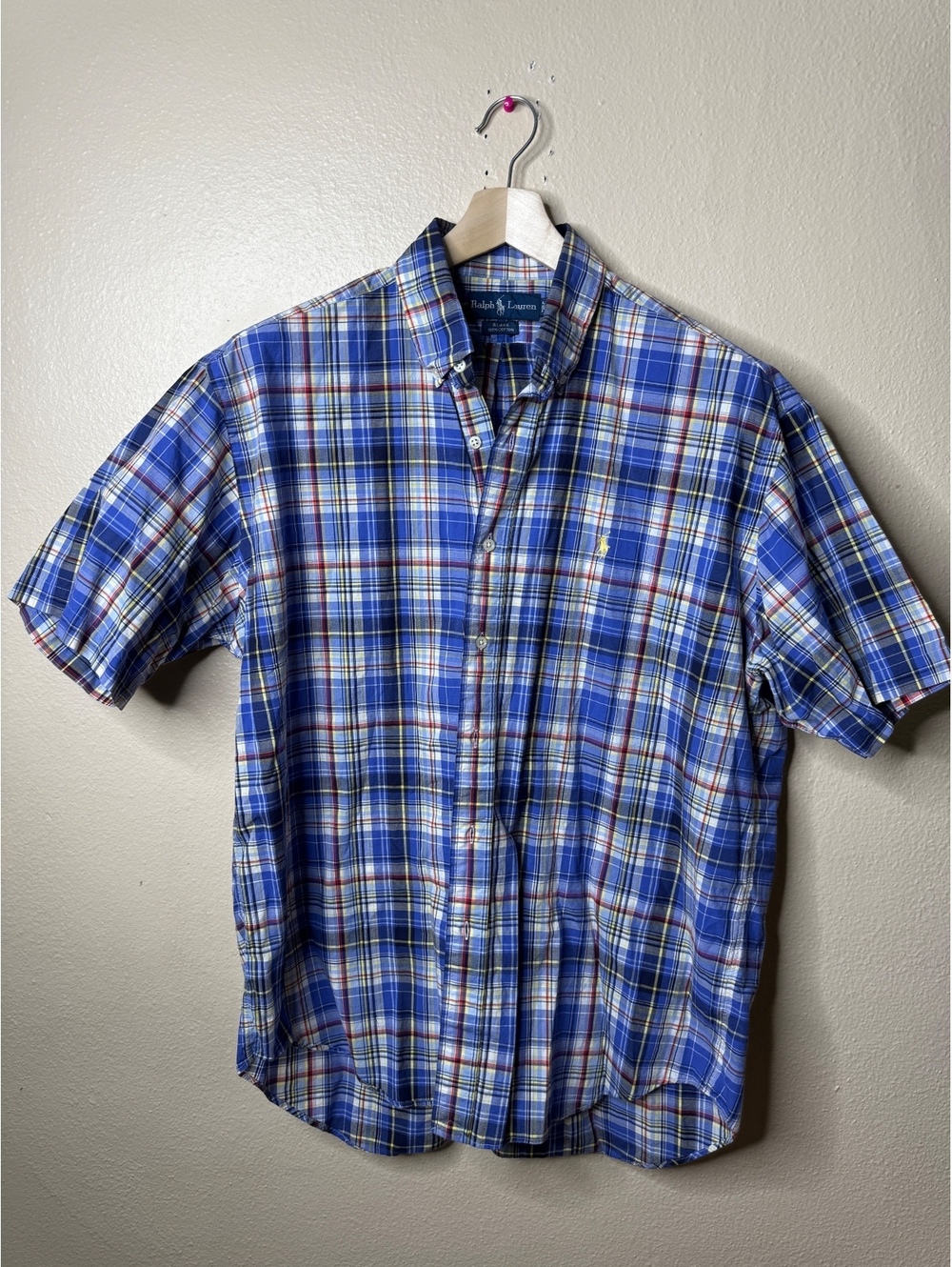 Ralph Lauren Mens XL Blake Shirt Blue Plaid Cotton Short Sleeve Button Down